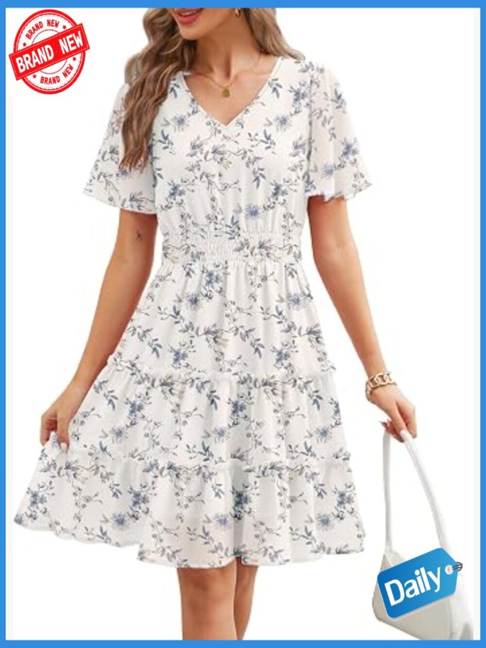 V Neck Smocked Waist Flowy Tiered A-Line Knee Length Dress